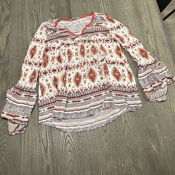 Altar'd State White Orange Bohemian Print Long Bell Sleeve Blouse Size M - Picture 1 of 4